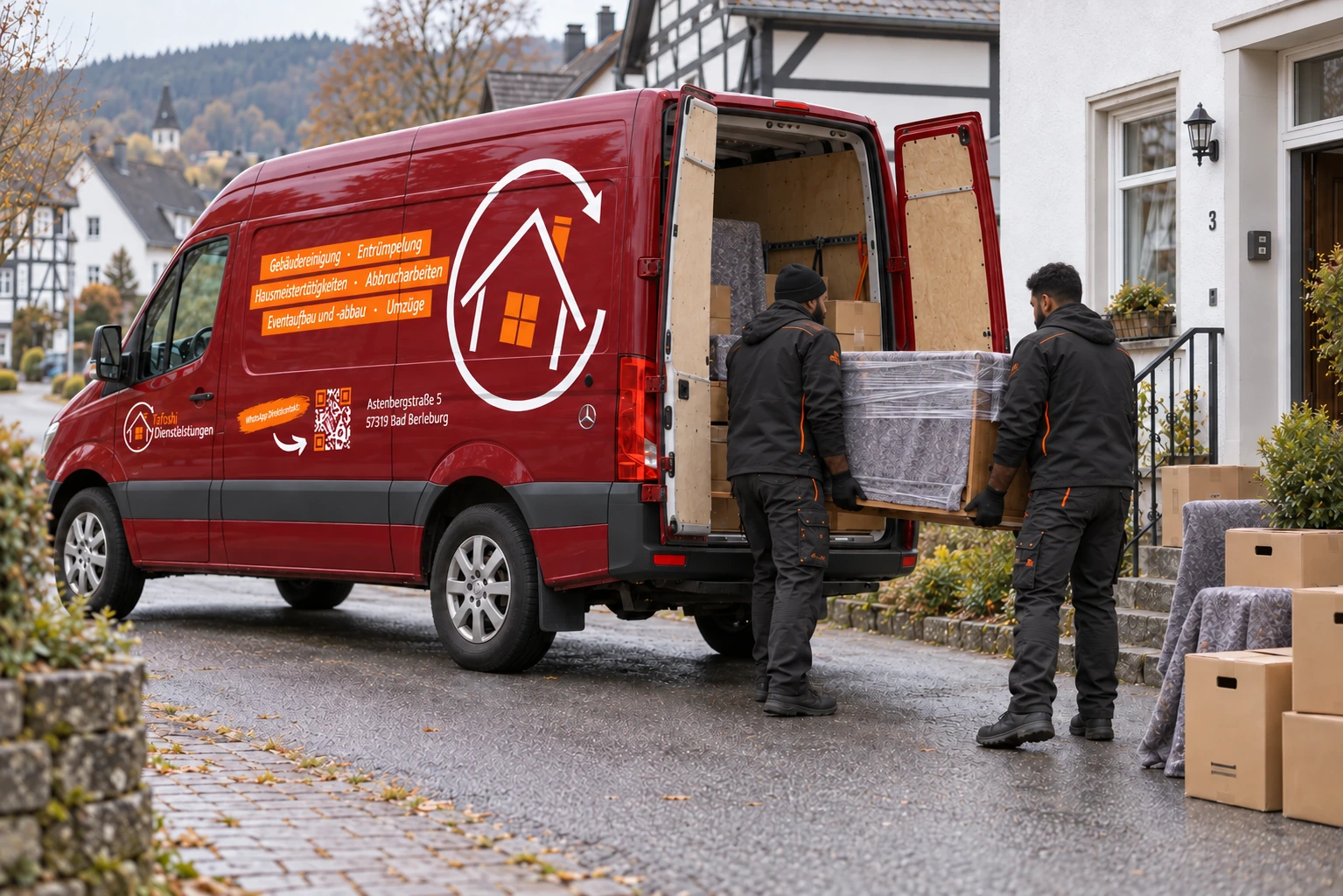 Beladen des roten Tafoshi-Transporters bei einem Umzug in Bad Berleburg