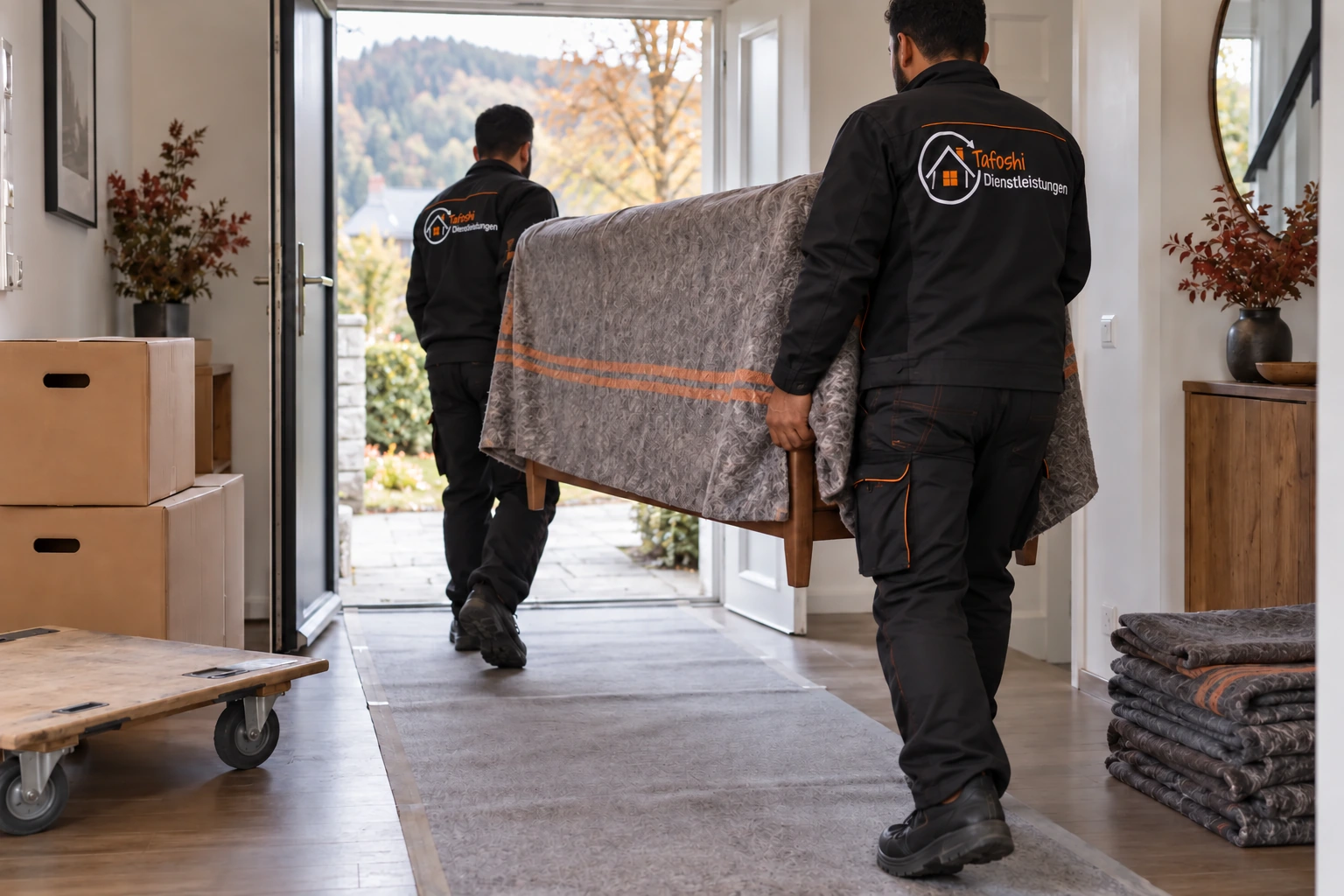 Zwei Mitarbeiter in Tafoshi-Arbeitskleidung tragen ein Möbelstück aus einem Haus