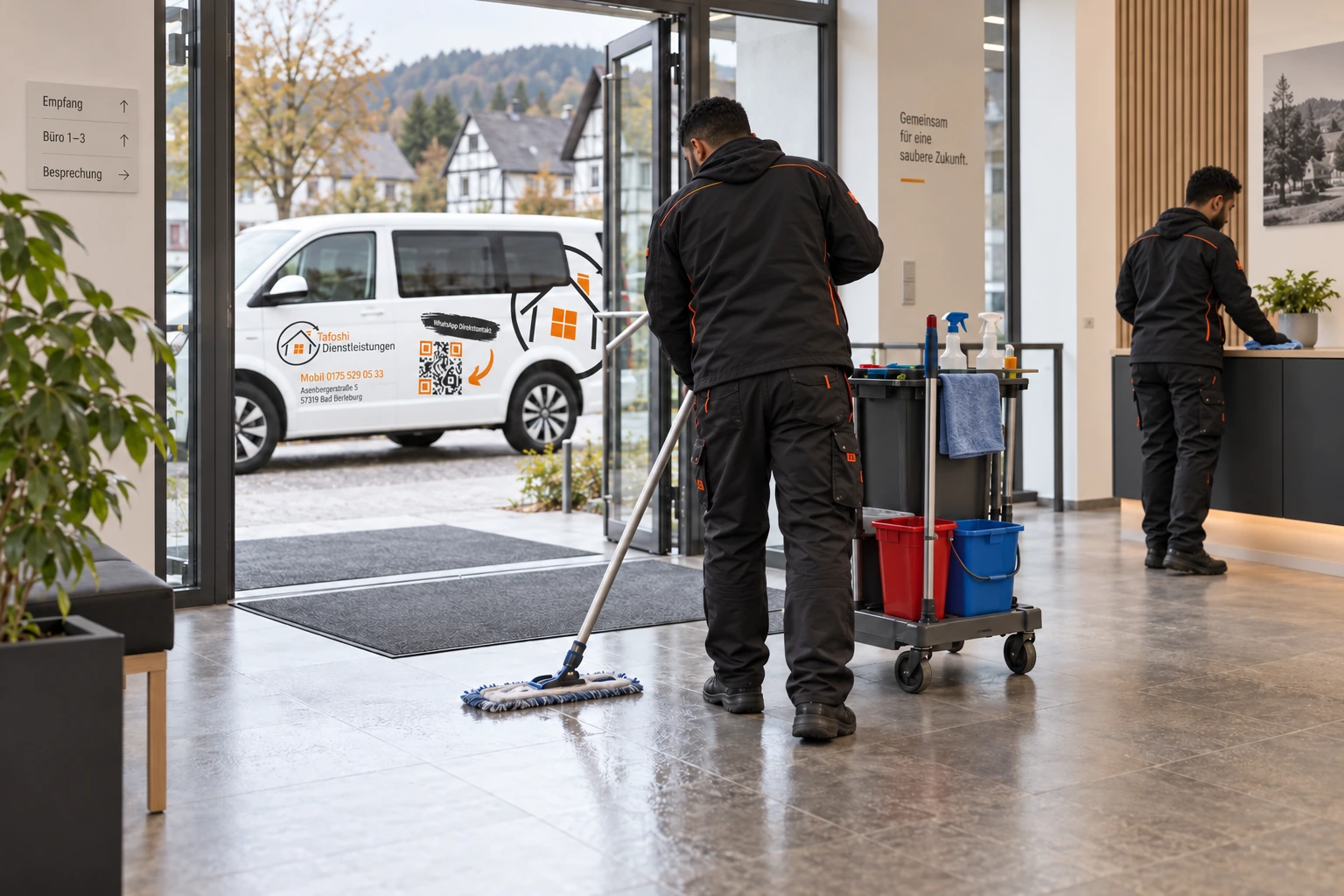 Reinigung eines Bürofoyers, davor der weiße Tafoshi-Firmenwagen