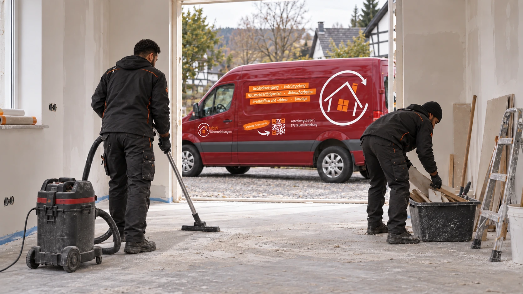 Baustellenreinigung im Rohbau mit Tafoshi-Transporter vor der Tür