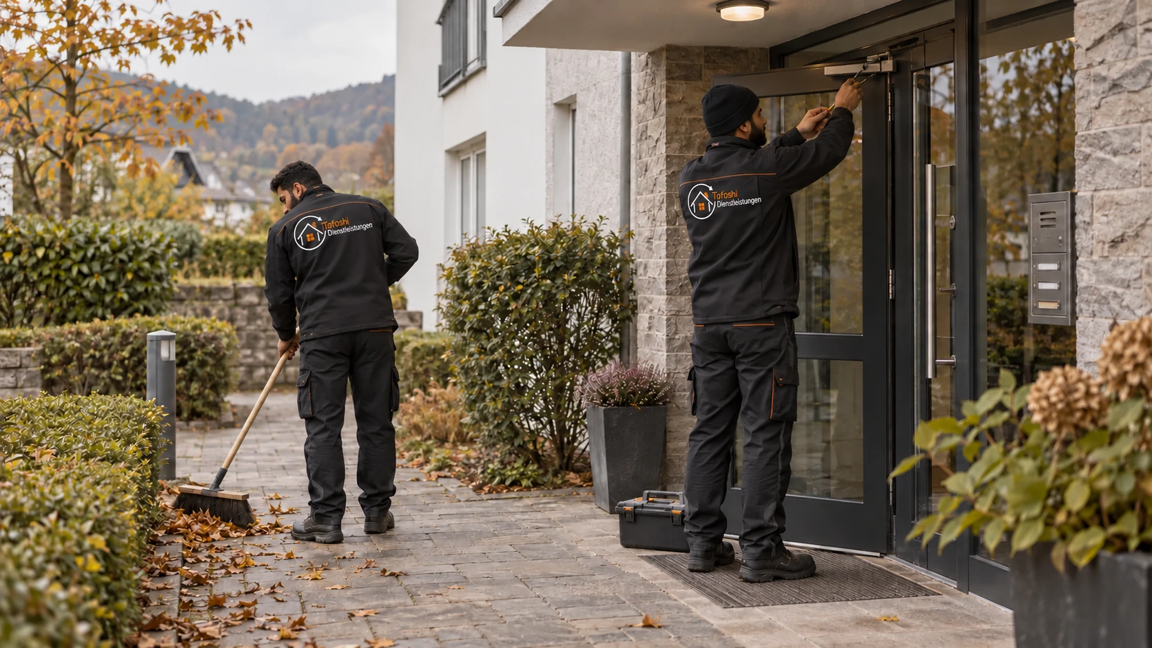 Tafoshi-Mitarbeiter kehren Laub und prüfen die Haustür einer Wohnanlage