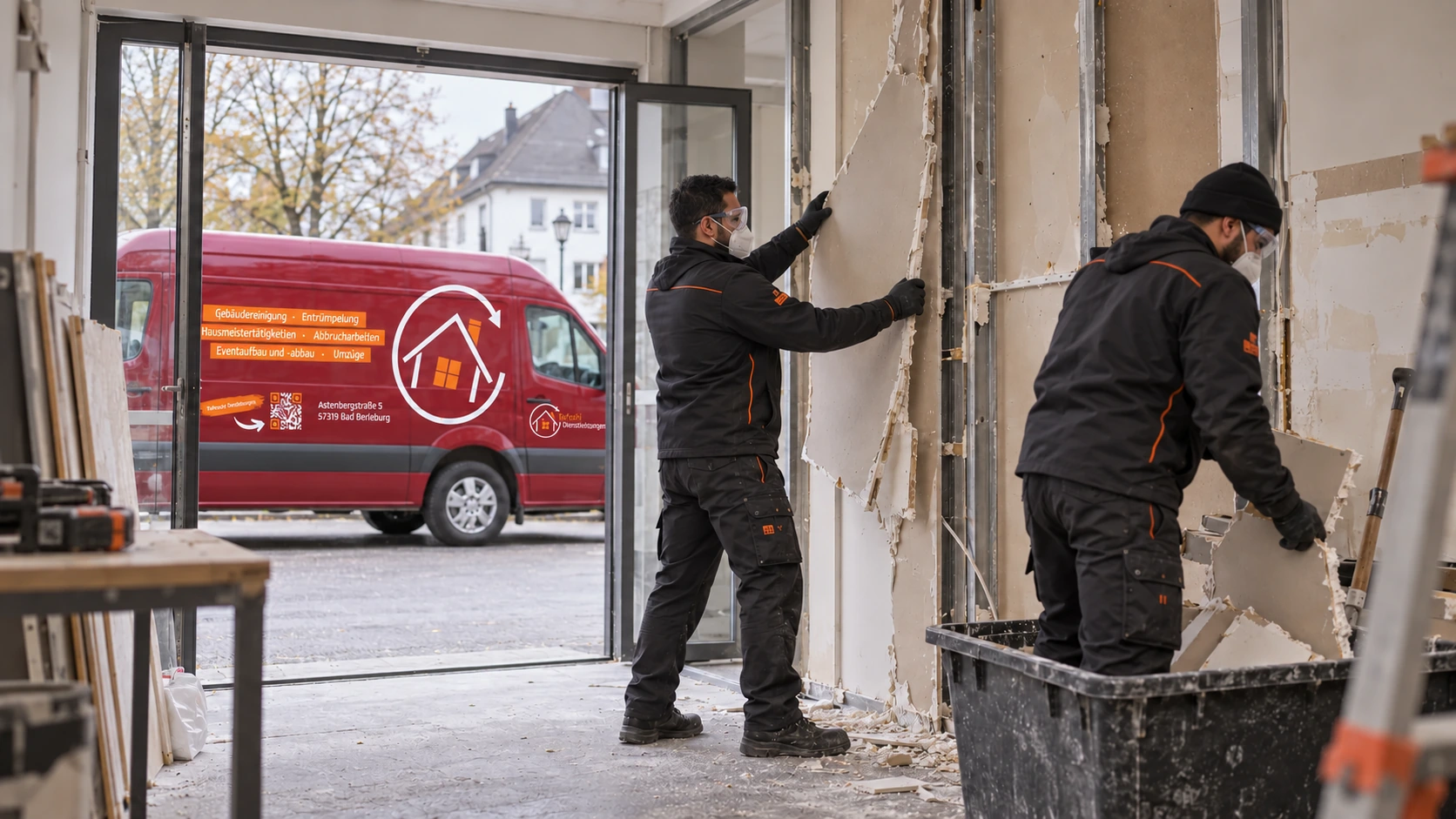 Rückbau von Trockenbauwänden, davor der rote Tafoshi-Transporter
