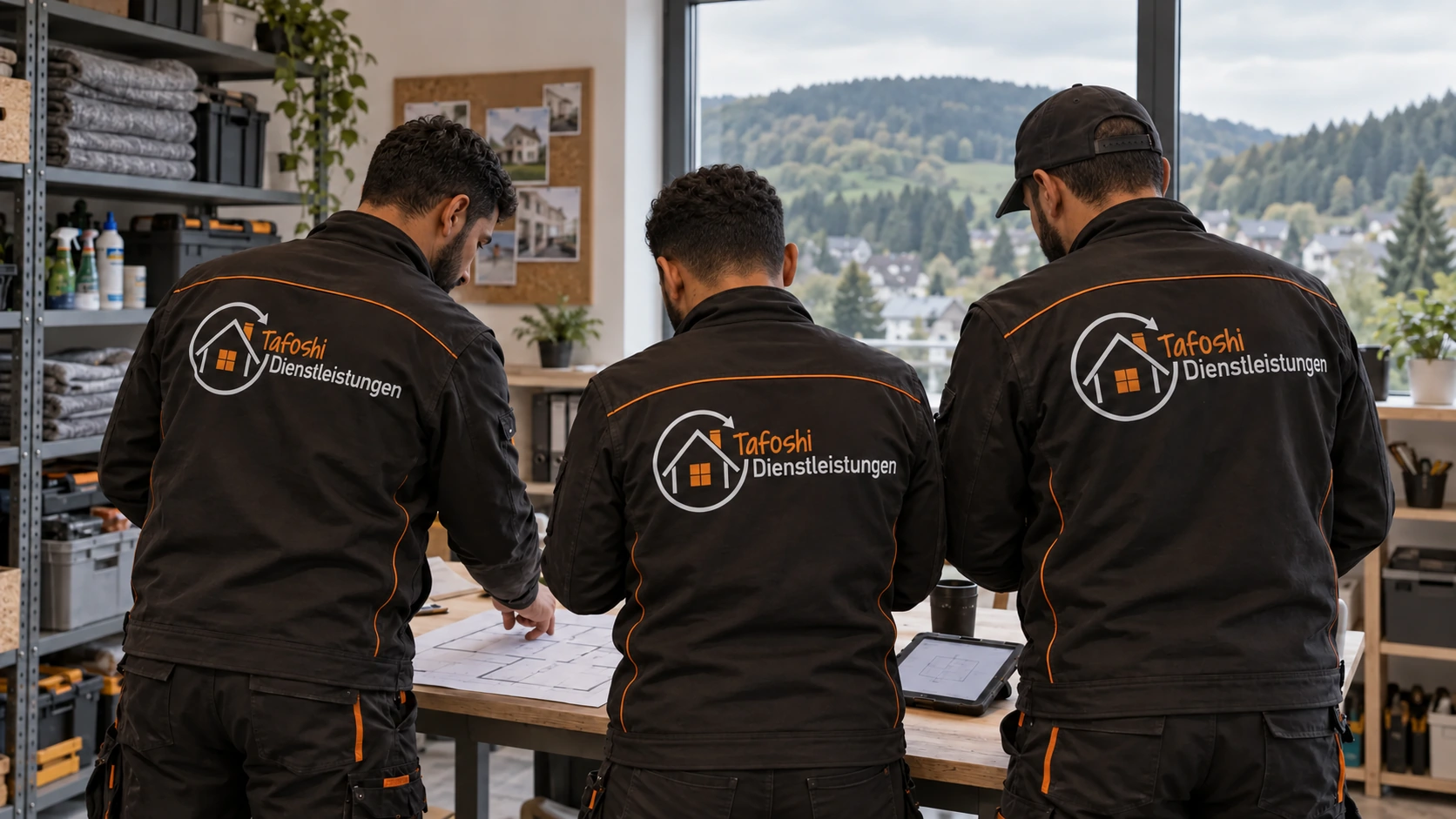 Drei Mitarbeiter in Tafoshi-Arbeitskleidung planen einen Einsatz am Werkstatttisch